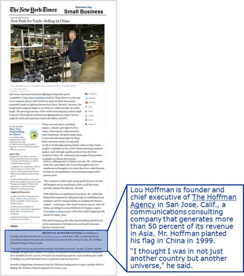 The New York TImes article on selling to China - including Lou Hoffman quote